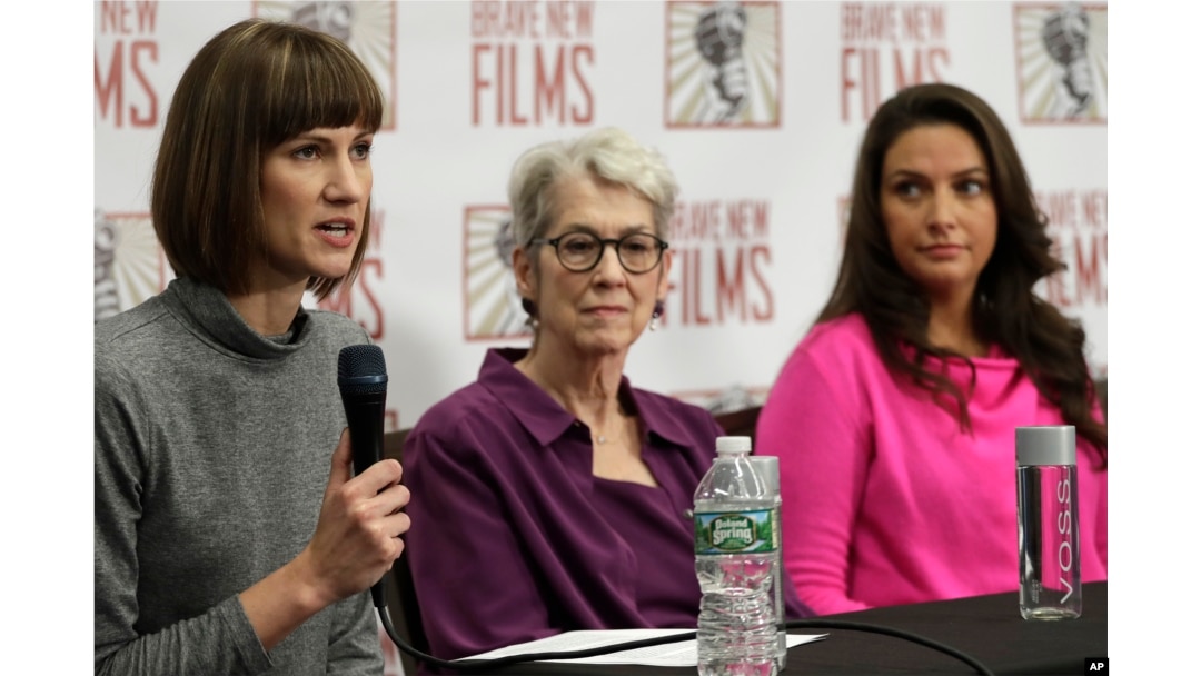 Rachel Crooks, left, Jessica Leeds, center, and Samantha Holvey attend a news conference, Dec. 11, 2017, in New York to discuss their accusations of sexual misconduct against Donald Trump. The women, who first shared their stories before the November 2016 election, called for a congressional investigation into Trump's alleged behavior.