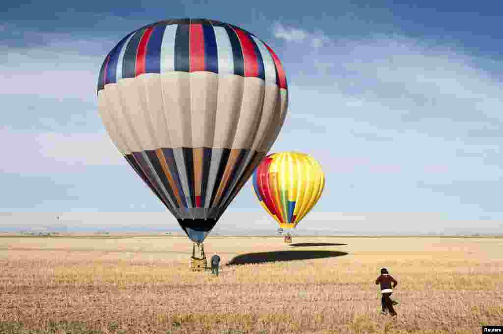 Hot air balloons are seen in a field during Day 3 of the Canadian Hot Air Balloon Championships in High River, Sept. 27, 2013.