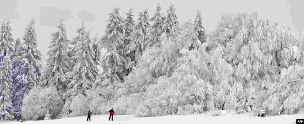 Two cross-country skiers make their way past snow-covered trees on the Rennsteig hiking trail near Masserberg, eastern Germany.