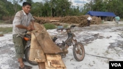 A villager tying timber to his motorcycle for trading with the logging company as two UN investigators are looking around in the compound of the logging company, April 27, 2012. 