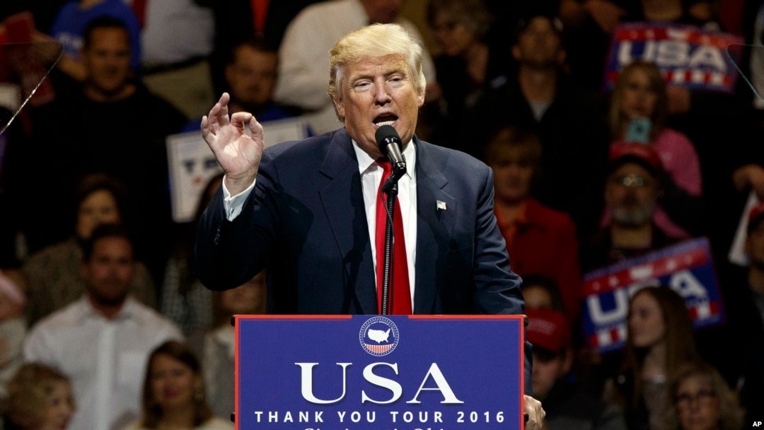 Presiden terpilih Amerika, Donald Trump, di Cincinnati (AP Photo/Evan Vucci).