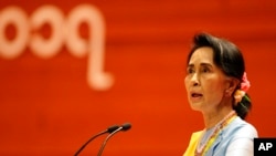 Myanmar's State Counselor Aung San Suu Kyi speaks during the opening ceremony of the second session of the 21st Century Panglong Union Peace Conference at the Myanmar International Convention Centre in Naypyitaw, Myanmar, May 24, 2017. 