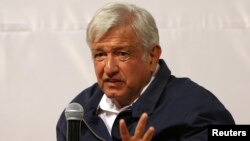 Leftist front-runner Andres Manuel Lopez Obrador of the National Regeneration Movement (MORENA) speaks during the "Dialogue for Peace and Justice" at the Museum of Memory and Tolerance in Mexico City, Mexico May 8, 2018. 