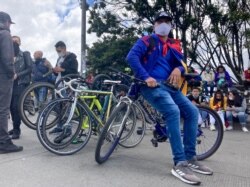 Protester Jhomman Montiel attends anti-government protests in Bogota, Colombia, July 20, 2021. (Megan Janetsky/VOA)