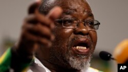 FILE - Gwede Mantashe, secretary-general of the Africa National Congress, speaks during the party media briefing in Johannesburg, April 5, 2017. 