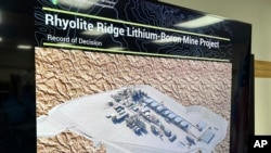 FILE - A rendering of a planned processing facility is displayed by the U.S. Bureau of Land Management during a news conference in Reno, Nevada, Oct. 24, 2024. The same day, the U.S. Interior Department gave final approval to ioneer's Rhyolite Ridge lithium mine in Nevada.