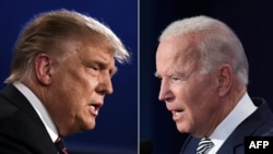 FILE - A combination of photos shows U.S. President Donald Trump (L) and Democratic presidential candidate former Vice President Joe Biden squaring off during the first presidential debate in Cleveland, Ohio, Sept. 29, 2020.