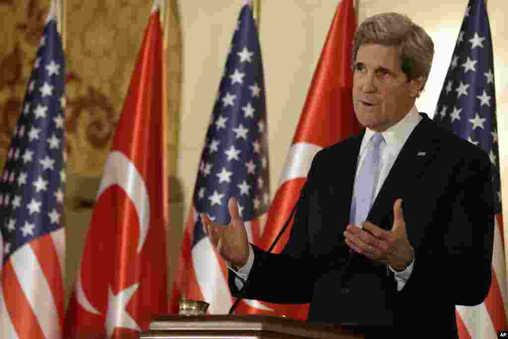 U.S. Secretary of State John Kerry speaks during a news conference with Turkish Foreign Minister Ahmet Davutoglu, not pictured, in Ankara, Friday, March 1, 2013. 