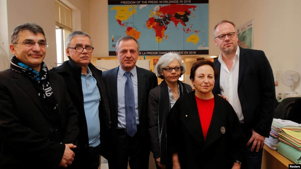 Reza Moini, head of RSF’s Iran/Afghanistan desk, Taghi Rahmani, Iraj Mesdaghi, Monireh Baradaran,Shirin Ebadi and Christophe Deloire, director of RSF, during a news conference on Iran at the RSF offices in Paris, Feb. 7, 2019. 