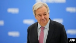 Katibu Mkuu wa Umoja wa Mataifa Antonio Guterres. October 24, 2024. (Photo by Alexander Zemlianichenko / POOL / AFP)