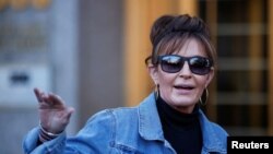 Sarah Palin, 2008 Republican vice presidential candidate and former Alaska governor, exits the United States Courthouse in New York after losing her defamation lawsuit on Feb. 15, 2022.