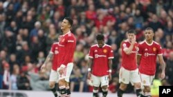 Pemain Manchester United Cristiano Ronaldo, di stadion Old Trafford di Manchester, Inggris, Sabtu, 6 November 2021 (Foto AP/Jon Super)