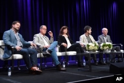 From left, Bill Gardner, vice president of programming and development at PBS, producer Timothy Ferris, scientist Carolyn Porco, producer John Rubin and scientist Ed Stone participate in a discussion of "The Farthest — Voyager in Space" during the PBS Television Critics Association Summer Press Tour in Beverly Hills, Calif., July 31, 2017.