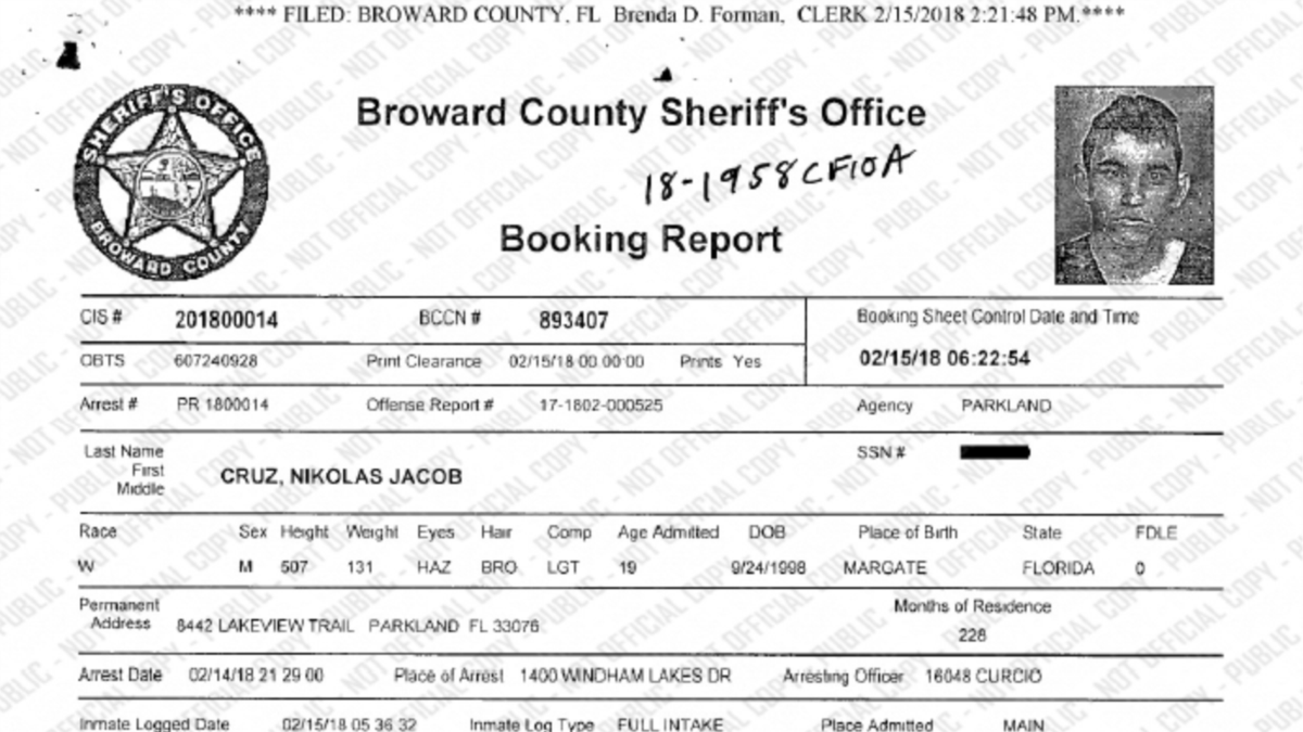 Broward County Sheriff's Office: Nikolas Cruz Booking Report