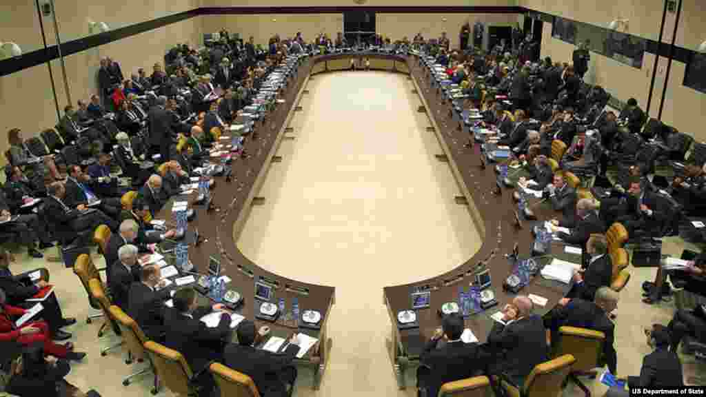 NATO foreign ministers and Non-NATO Internal Security Assistance Force (ISAF) Contributing Nations discuss the current and future security situation in Afghanistan during the ISAF meeting at NATO headquarters in Brussels, Belgium, on December 4, 2013.