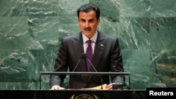 셰이크 타밈 빈 하마드 알타니 카타르 국왕이 21일 미국 뉴욕 유엔본부에서 진행된 제76차 유엔총회에서 연설하고 있다. 