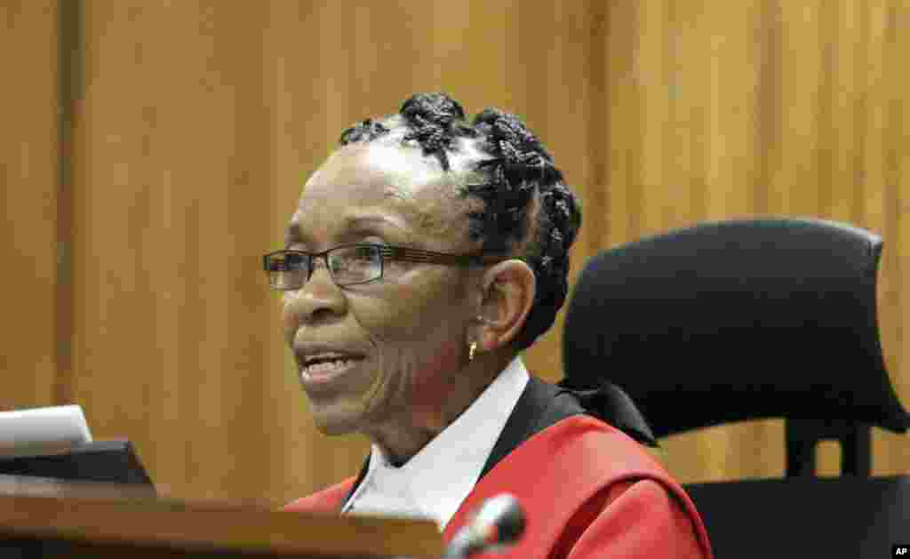 High court judge Thokozile Masipais passes sentence on Oscar Pistorius, in Pretoria, South Africa, Oct. 21, 2014.