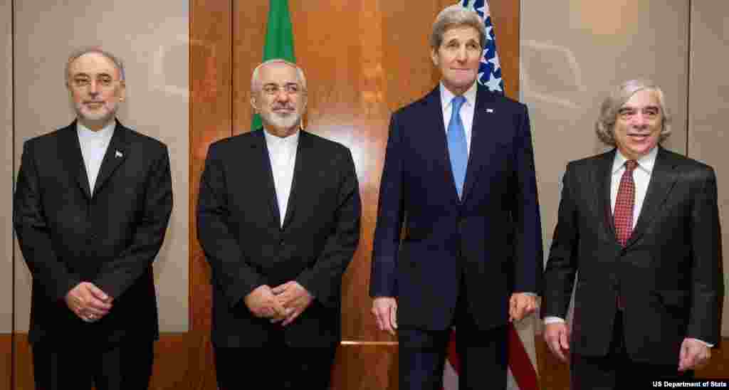 Secretary Kerry, Energy Secretary Moniz Stand With Iranian Foreign Minister Zarif and Vice President of Iran for Atomic Energy Salehi Before Meeting in Switzerland