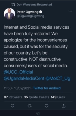 A tweet by Peter Ogwang, Ugandan Minister for Information and Communications Technology, announces the restoration to access to social media websites. (Screenshot from Twitter)