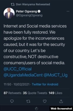 A tweet by Peter Ogwang, Ugandan Minister for Information and Communications Technology, announces the restoration to access to social media websites. (Screenshot from Twitter)