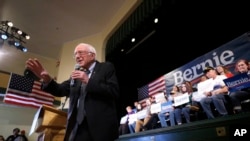 FILE - Democratic presidential candidate Bernie Sanders addresses an audience during a campaign rally in Derry, New Hampshire, Feb. 5, 2020.