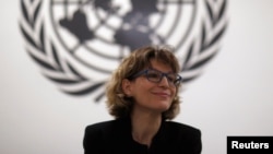 Agnes Callamard, special rapporteur on extrajudicial, summary or arbitrary executions at the Office of the United Nations High Commissioner for Human Rights, participates in a news conference in San Salvador, El Salvador, Feb. 5, 2018.