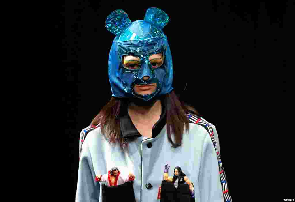 A model presents a creation of YUKIHERO PRO-WRESTLING by designer Yukihiro Teshima from his Autumn/Winter 2018 collection during Fashion Week Tokyo, Japan.