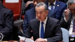 Wang Yi, China's foreign affairs minister, speaks during a Security Council meeting at United Nations headquarters, Sept. 25, 2024. 