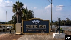 The entrance to the tiny settlement of Trump Heights in the Israeli-controlled Golan Heights, where the Israeli residents are welcoming the election of their namesake, Nov. 7, 2024.