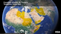 FILE - The six countries affected by President Donald Trump's temporary travel ban: Iran, Libya, Somalia, Sudan, Syria and Yemen.