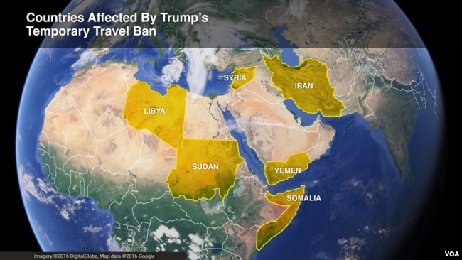 The six countries affected by President Donald Trump's temporary travel ban -- Iran, Libya, Somalia, Sudan, Syria and Yemen.