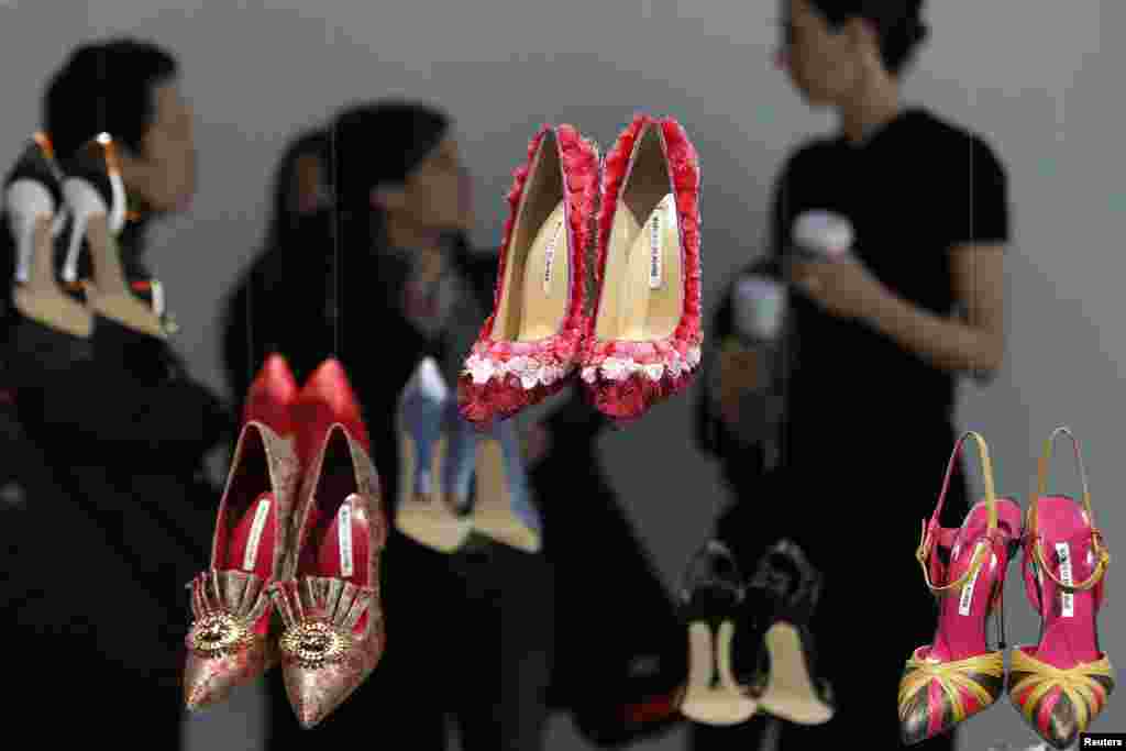 Shoes designed by Manolo Blahnik are displayed during the Fall 2014 collection at New York Fashion Week. 