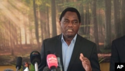 FILE—Zambian President Hakainde Hichilema addresses a press conference at his residence in Lusaka, Zambia, August 16, 2021. 