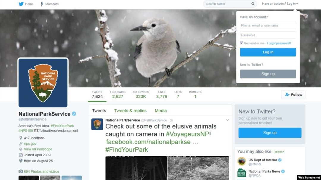 The National Park Service's Twitter page.