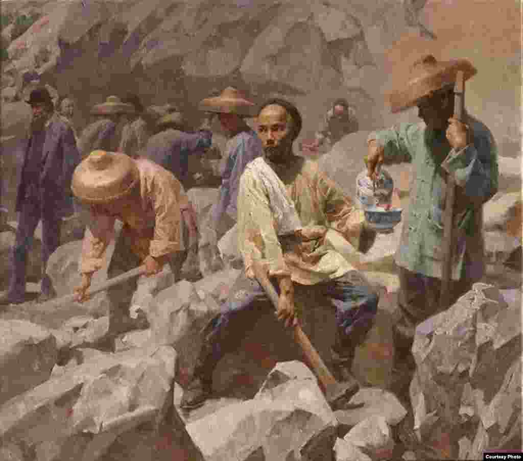 广东出生的旅美画家司徒绵创作的反映华人劳工在美国开山辟路修铁道的绘画作品。(司徒绵提供)