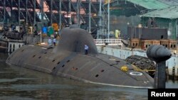 FILE - Indian Navy's INS Arihant submarine is pictured at the naval warehouse in the southern Indian city of Visakhapatnam.