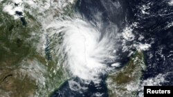 Tropical Cyclone Kenneth approaches the coast of Mozambique in this April 25, 2019 handout satellite image. 