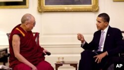 President Barack Obama meets with His Holiness the Dalai Lama in the Map Room of the White House, 18 Feb 2010