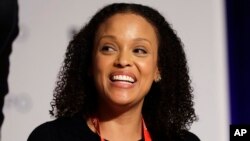 FILE - Author Jesmyn Ward speaks at Book Expo America in New York, June 1, 2017. Ward’s “Sing, Unburied, Sing,” winner of the National Book Award for fiction, is a nominee for the National Book Critics Circle prize.