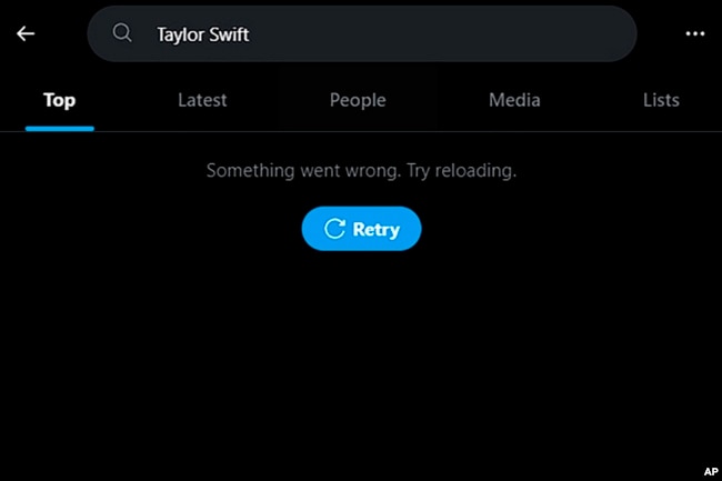 This screenshot made on Monday, Jan. 29, 2024, shows a Taylor Swift search error on social media platform X. (AP Photo)