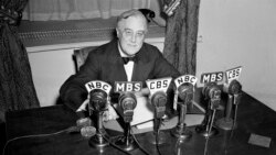 FILE - President Franklin D. Roosevelt speaks on the radio from the Oval Room of the White House. During an extraordinary 12 years in office, Roosevelt guided the nation through a bleak period of Depression-era unemployment, Feb. 27, 1941.