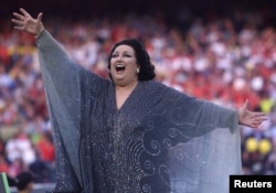 Soprano Montserrat Caballe sings before the European Cup Final in Barcelona's Nou Camp stadium, May 26, 1999.