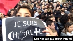 College student Lila Hassan shows her solidarity with France in a selfie from the historic march in Paris’ Place de la Republique, posted on her Twitter account Jan. 11, 2015. (Courtesy Photo / Lila Hassan) 