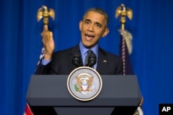 President Barack Obama speaks during a news conference on the sidelines of the U.N. climate summit in Paris, Dec. 1, 2015.