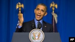 President Barack Obama speaks during a news conference on the sidelines of the U.N. climate summit in Paris, Dec. 1, 2015.