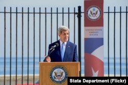 FILE - U.S. Secretary of State John Kerry delivers remarks at the flag-raising ceremony at the newly re-opened U.S. Embassy in Havana, Cuba, on August 14, 2015.