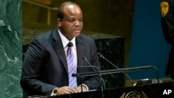 King Mswati III, of Swaziland, which now calls itself Eswatini, addresses the 74th session of the United Nations General Assembly, Sept. 25, 2019. 