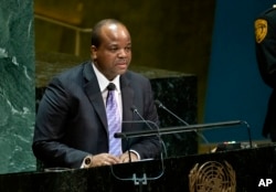 FILE - King Mswati III of Eswatini addresses the 74th session of the United Nations General Assembly, Sept. 25, 2019.