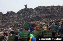 Sekelompok pemulung mengumpulkan plastik dan kertas untuk didaur ulang di tempat pembuangan sampah utama Bantar Gebang, 10 Oktober 2011. (Foto: Reuters)