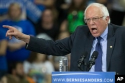 Democratic presidential candidate Sen. Bernie Sanders, I-Vt., speaks during an election night campaign event at the Big Sandy Superstore Arena, April 26, 2016, in Huntington, W.Va.